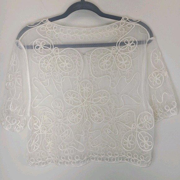 White Sheer Corded Embroidered Mesh Crop Top Floral Lace Bolero EUC - Picture 3 of 4